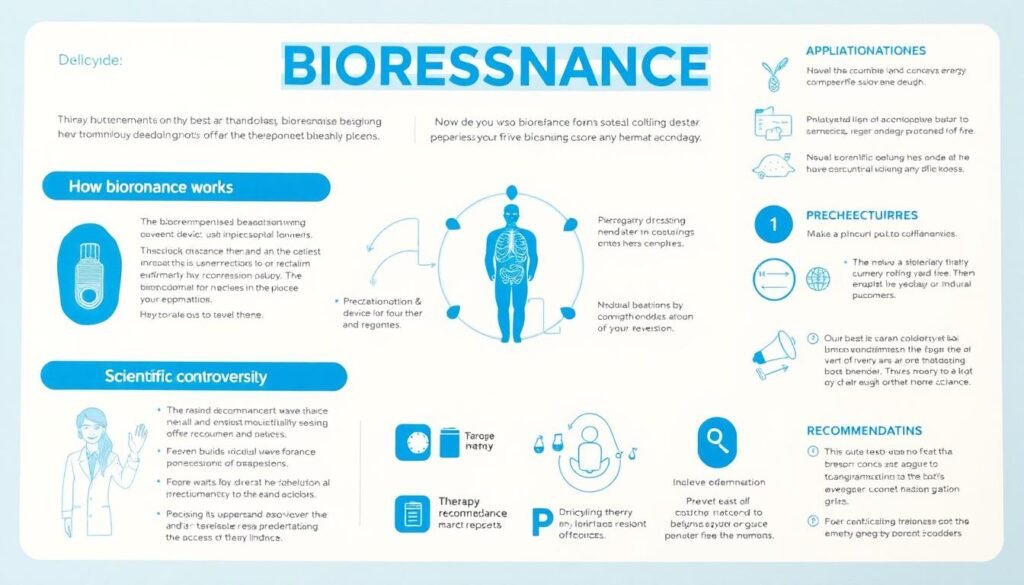 Infografika przedstawiająca najważniejsze informacje o biorezonansie: zasady działania, zastosowania, kontrowersje i zalecenia