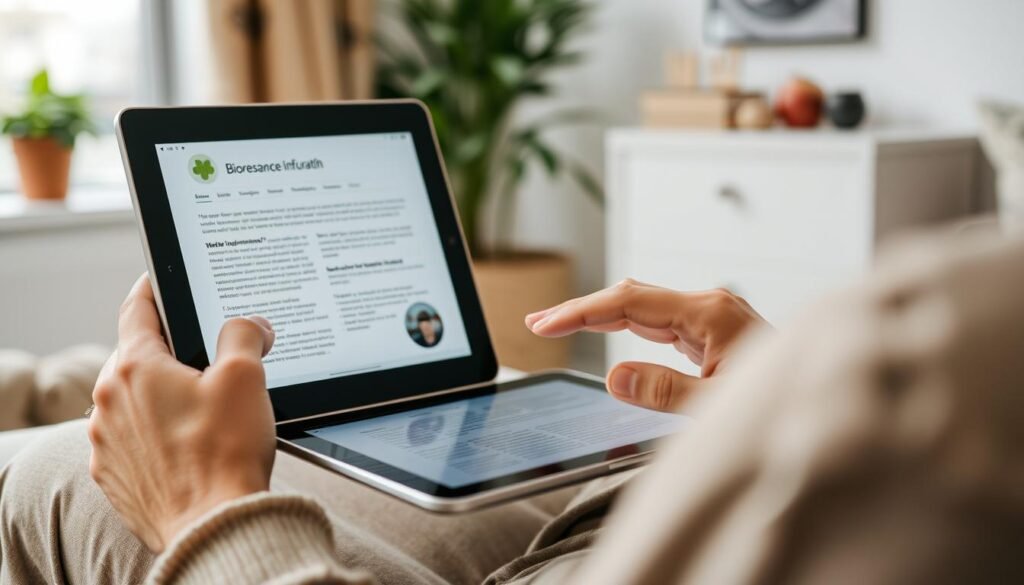 Osoba przeglądająca informacje o biorezonansie na tablecie
