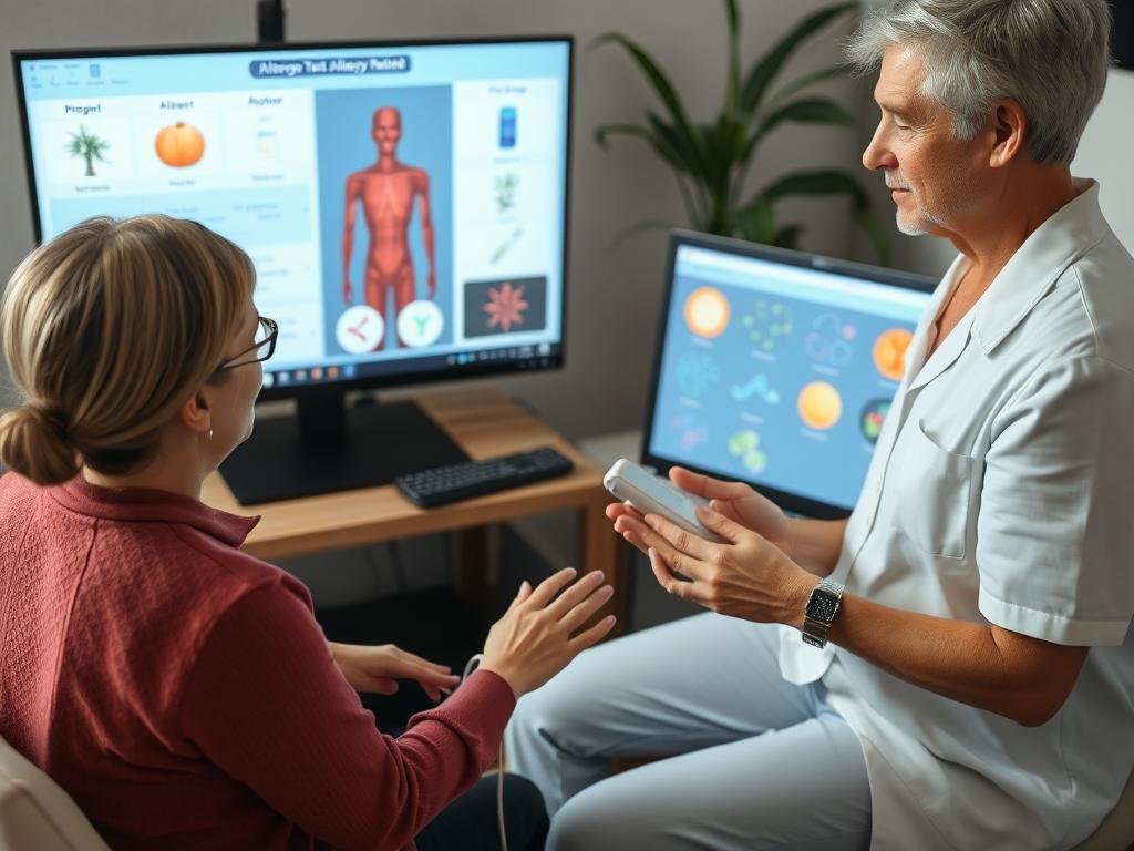 Terapeuta przeprowadzający test alergiczny metodą biorezonansu z wykorzystaniem wirtualnych próbek alergenów