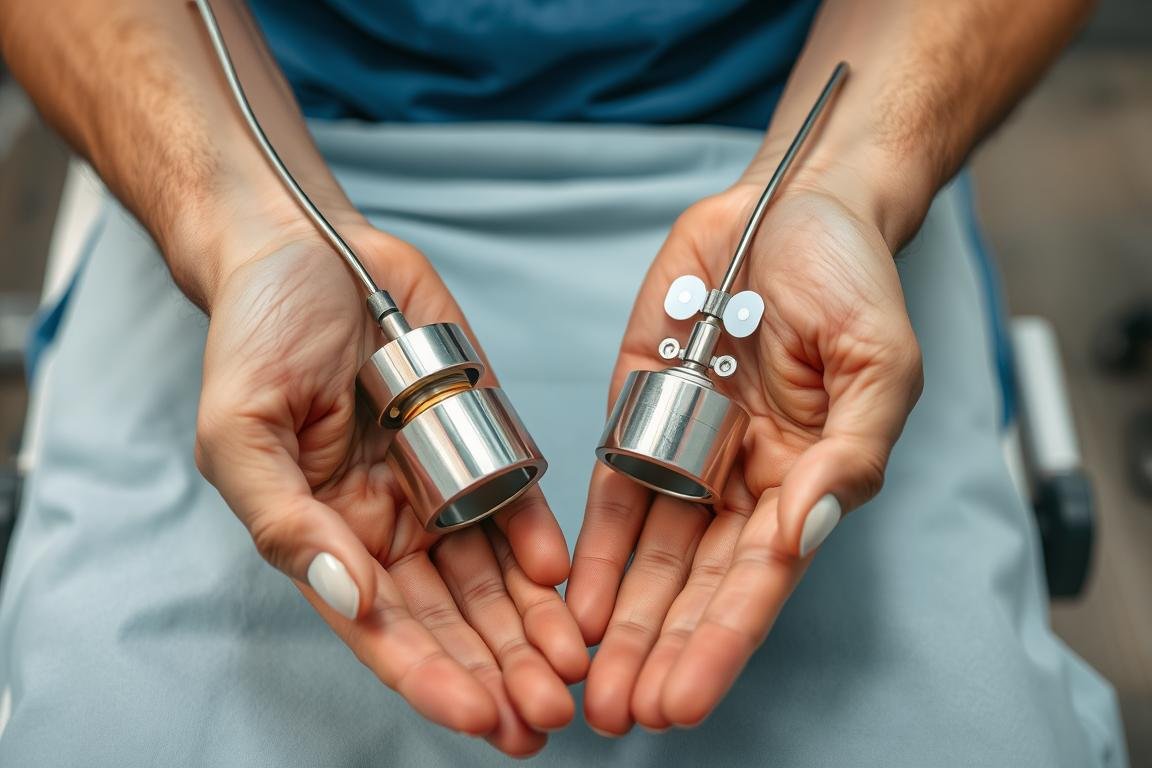Elektrody używane podczas badania biorezonansem - metalowe walce trzymane w dłoniach oraz elektrody przyklejane do ciała