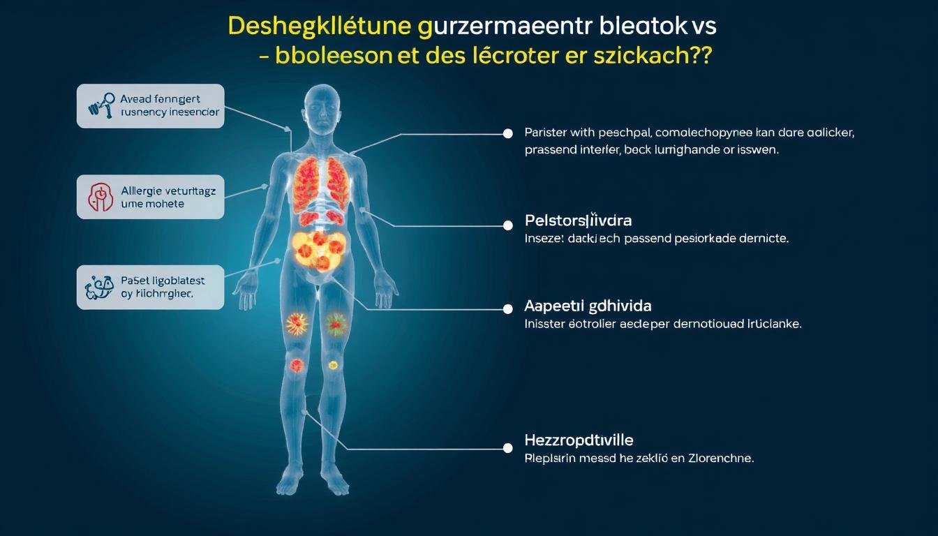 Graficzna reprezentacja różnych obszarów, które biorezonans rzekomo wykrywa - alergie, pasożyty, infekcje, niedobory