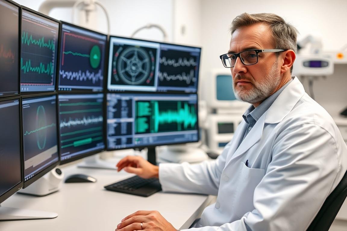 Naukowiec analizujący dane z badań biorezonans NLS w laboratorium