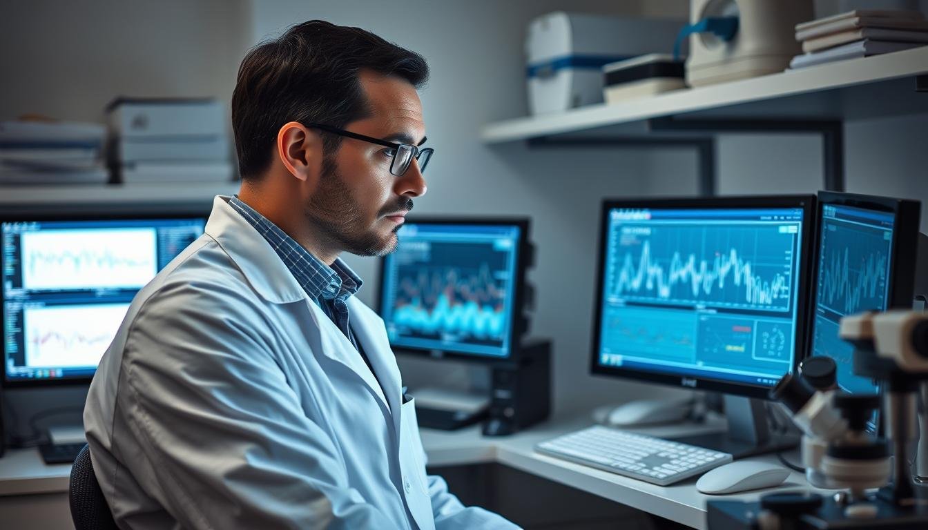 Naukowiec w laboratorium analizujący dane dotyczące biorezonansu
