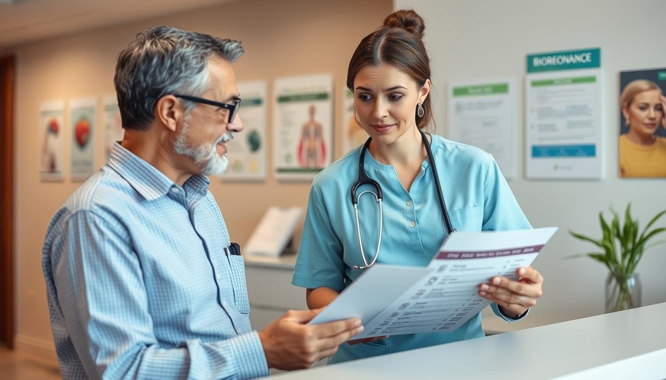 Pacjent konsultujący cenę badania biorezonansem z pracownikiem kliniki