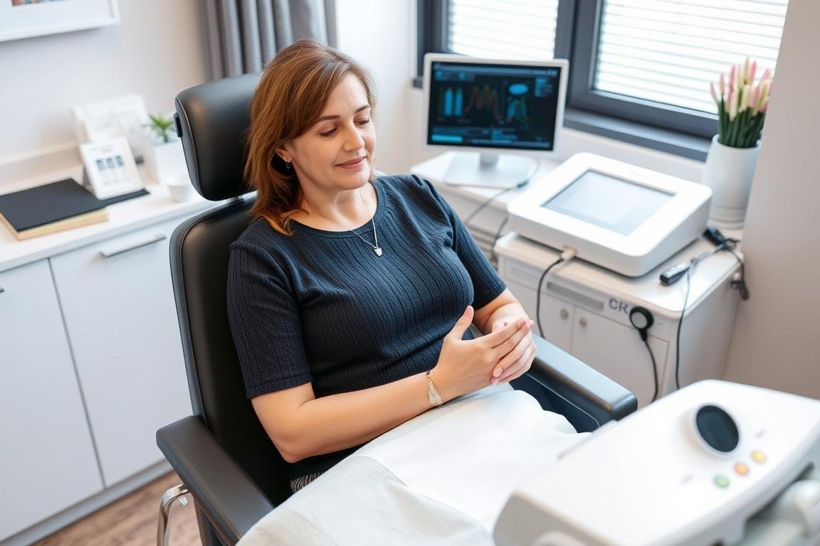 Pacjent podczas sesji biorezonansu trzymający elektrody w dłoniach