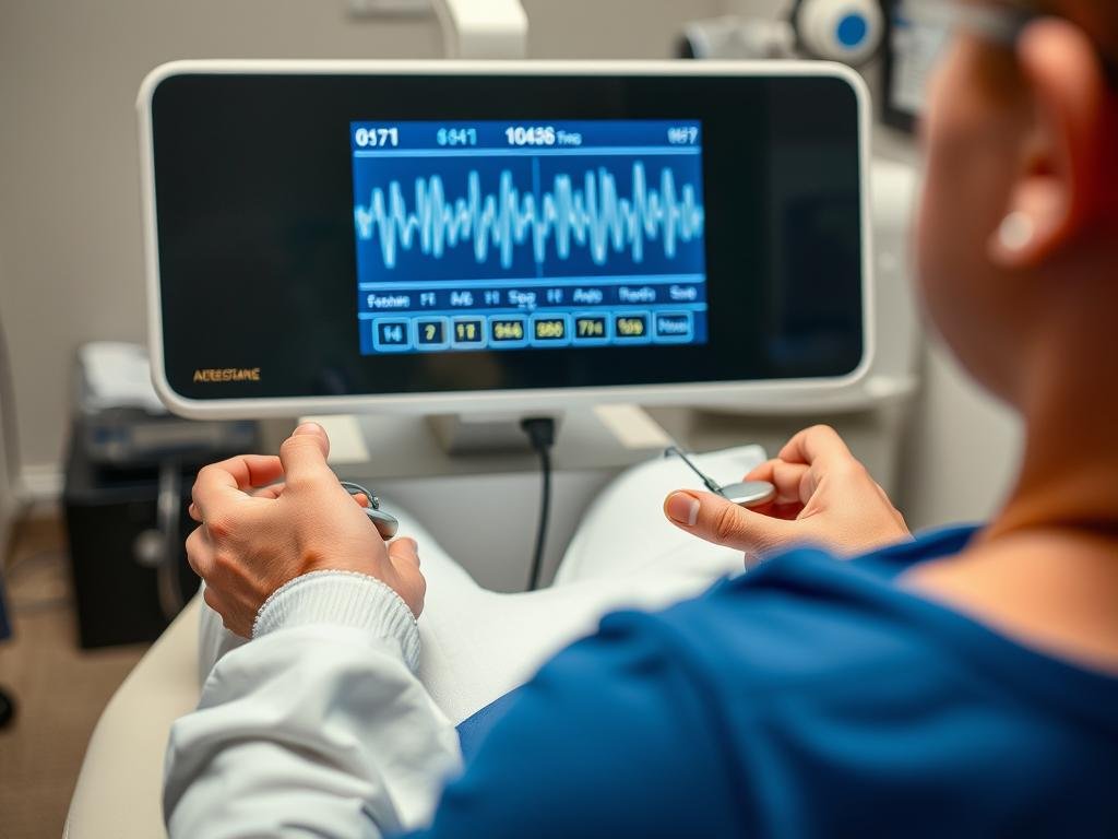 Przebieg badania biorezonansem - pacjent siedzący z elektrodami w dłoniach podłączonymi do urządzenia diagnostycznego