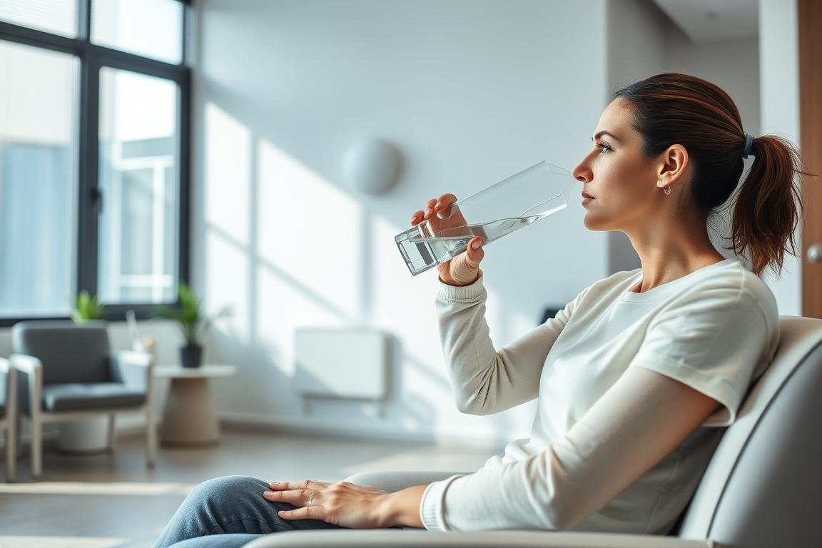 Przygotowanie do badania biorezonansem - pacjent pijący wodę przed badaniem