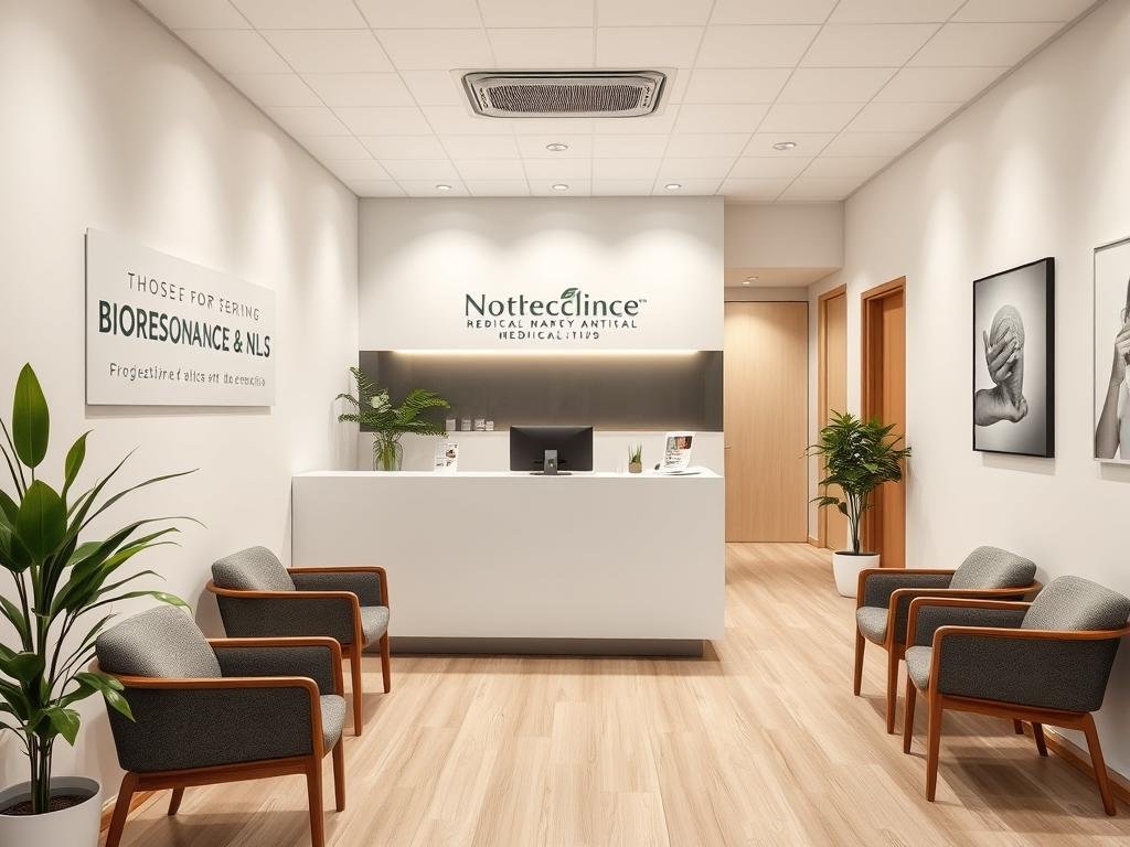Recepcja kliniki oferującej badania biorezonansem i NLS