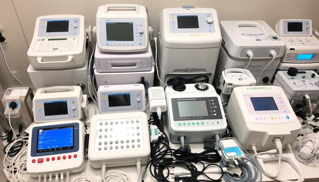 Różne typy urządzeń do biorezonansu z elektrodami i akcesoriami