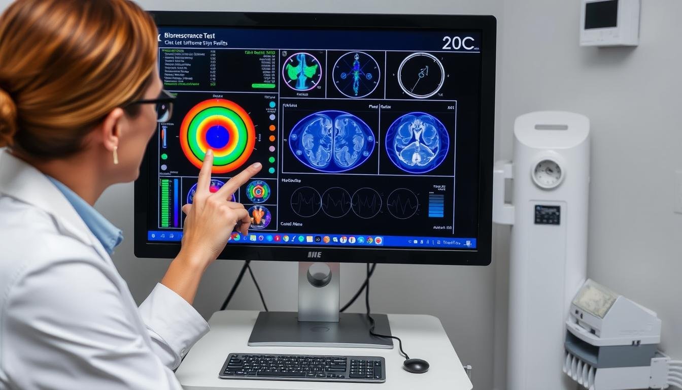 Terapeuta analizujący wyniki badania biorezonansem na monitorze Terapeuta analizujący wyniki badania biorezonansem na monitorze