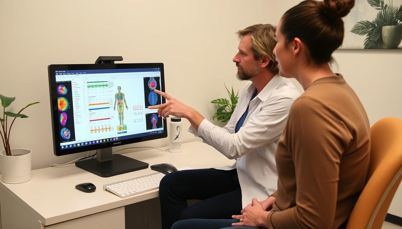Terapeuta omawiający wyniki badania biorezonansem z pacjentem Terapeuta omawiający wyniki badania biorezonansem z pacjentem