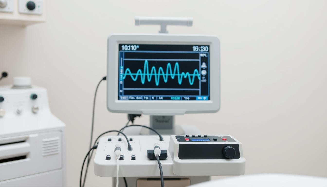 Urządzenie do biorezonansu z elektrodami i monitorem pokazującym fale elektromagnetyczne