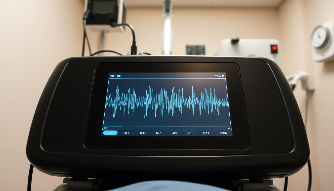 Urządzenie do biorezonansu z elektrodami i monitorem pokazującym wyniki badania