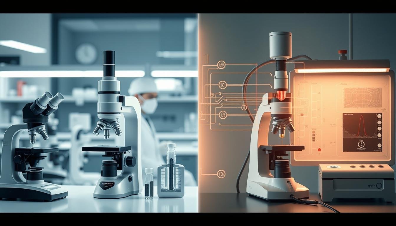 Zestawienie tradycyjnych metod diagnostycznych z biorezonansem - laboratorium medyczne obok urządzenia do biorezonansu