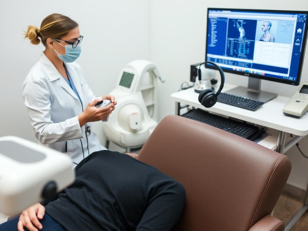 Badanie skóry metodą Biorezonansu NLS - pacjent podczas diagnostyki Badanie skóry metodą Biorezonansu NLS - pacjent podczas diagnostyki
