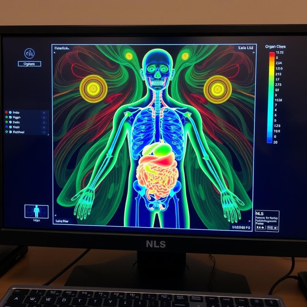 Ekran diagnostyczny Biorezonansu NLS pokazujący analizę narządów wewnętrznych