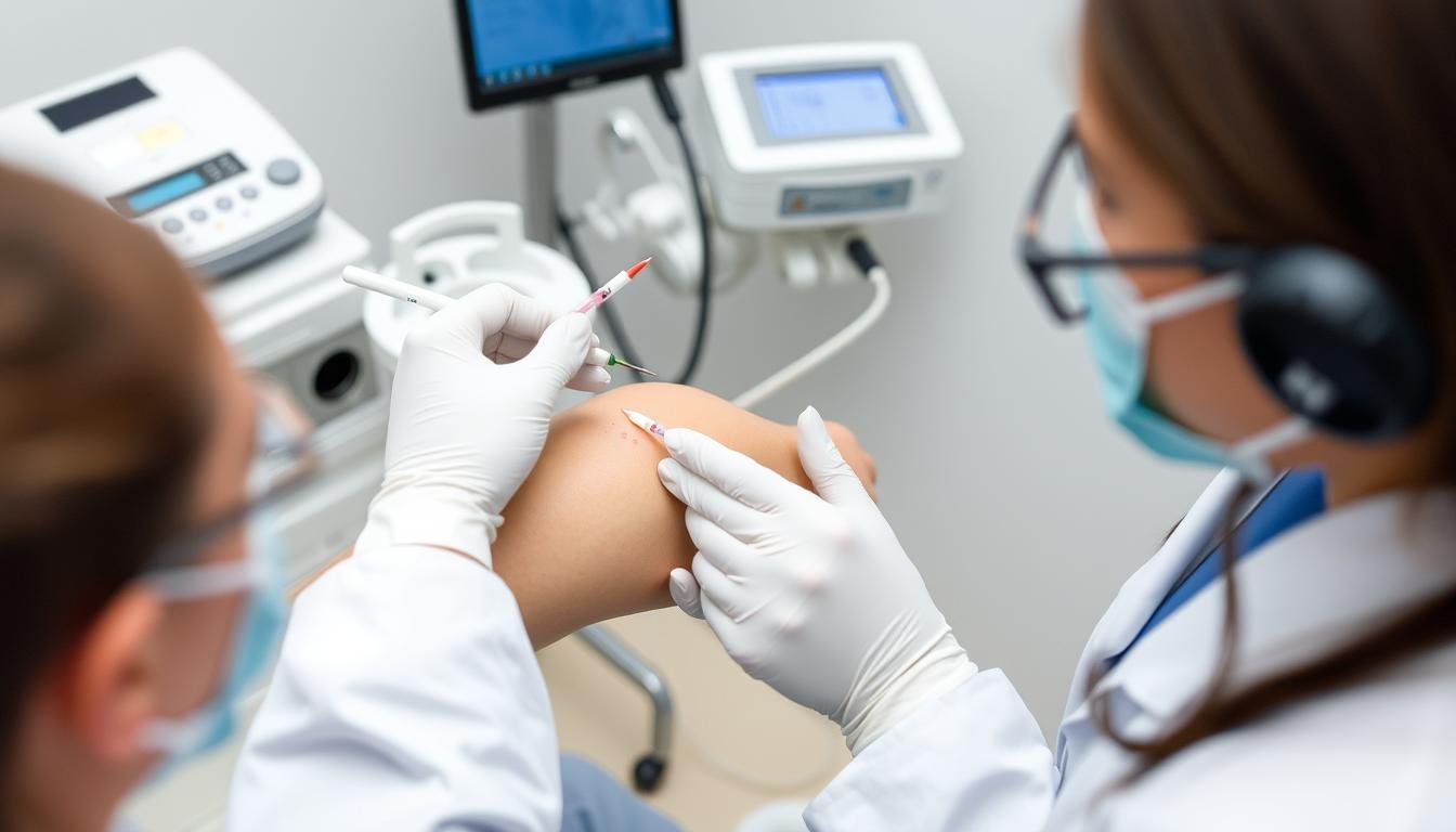 Lekarz alergolog wykonujący testy skórne - naukowo potwierdzona metoda diagnostyki alergii Lekarz alergolog wykonujący testy skórne - naukowo potwierdzona metoda diagnostyki alergii