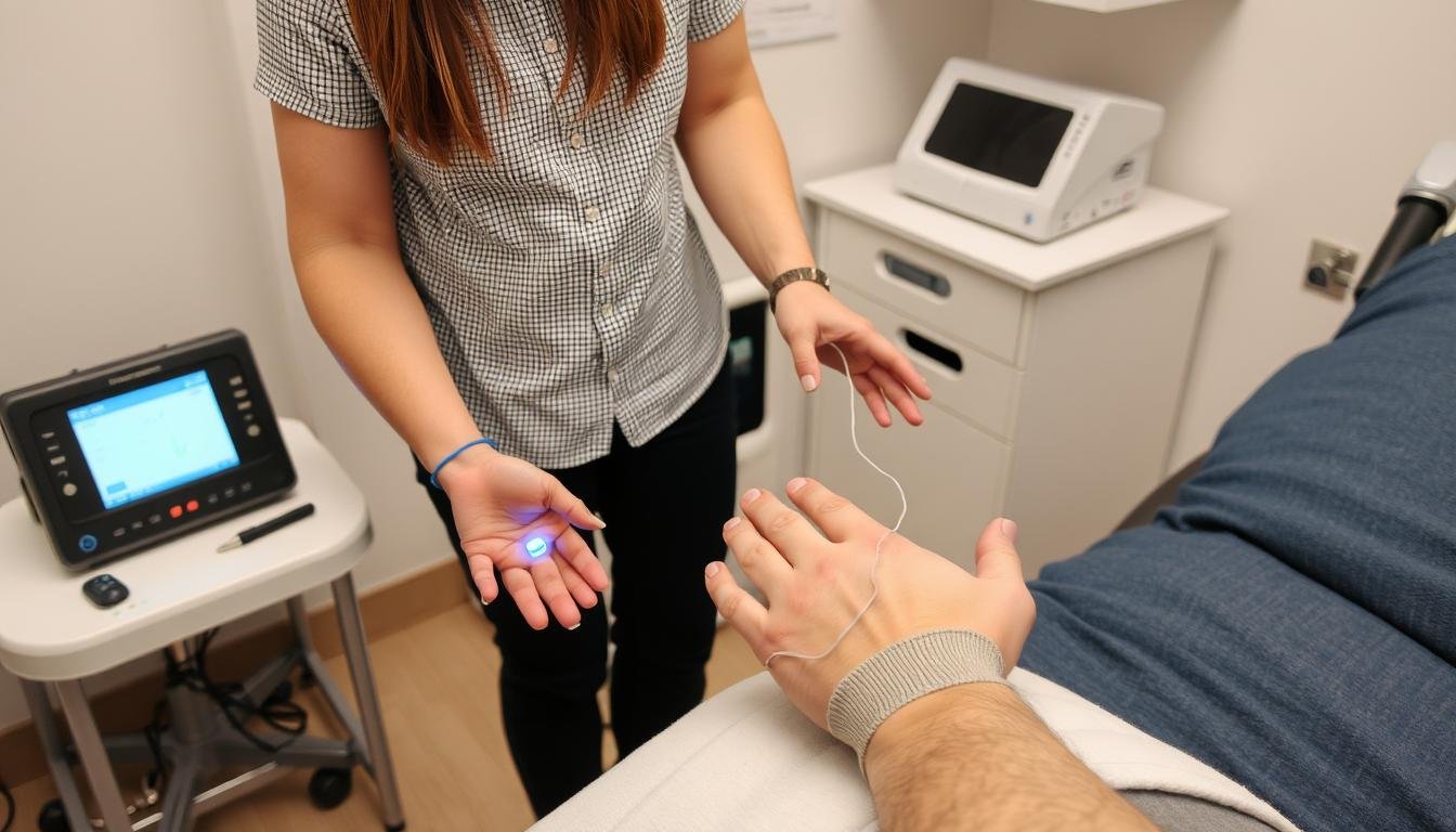 Osoba podczas terapii biorezonansowej mającej pomóc w rzuceniu palenia Osoba podczas terapii biorezonansowej mającej pomóc w rzuceniu palenia