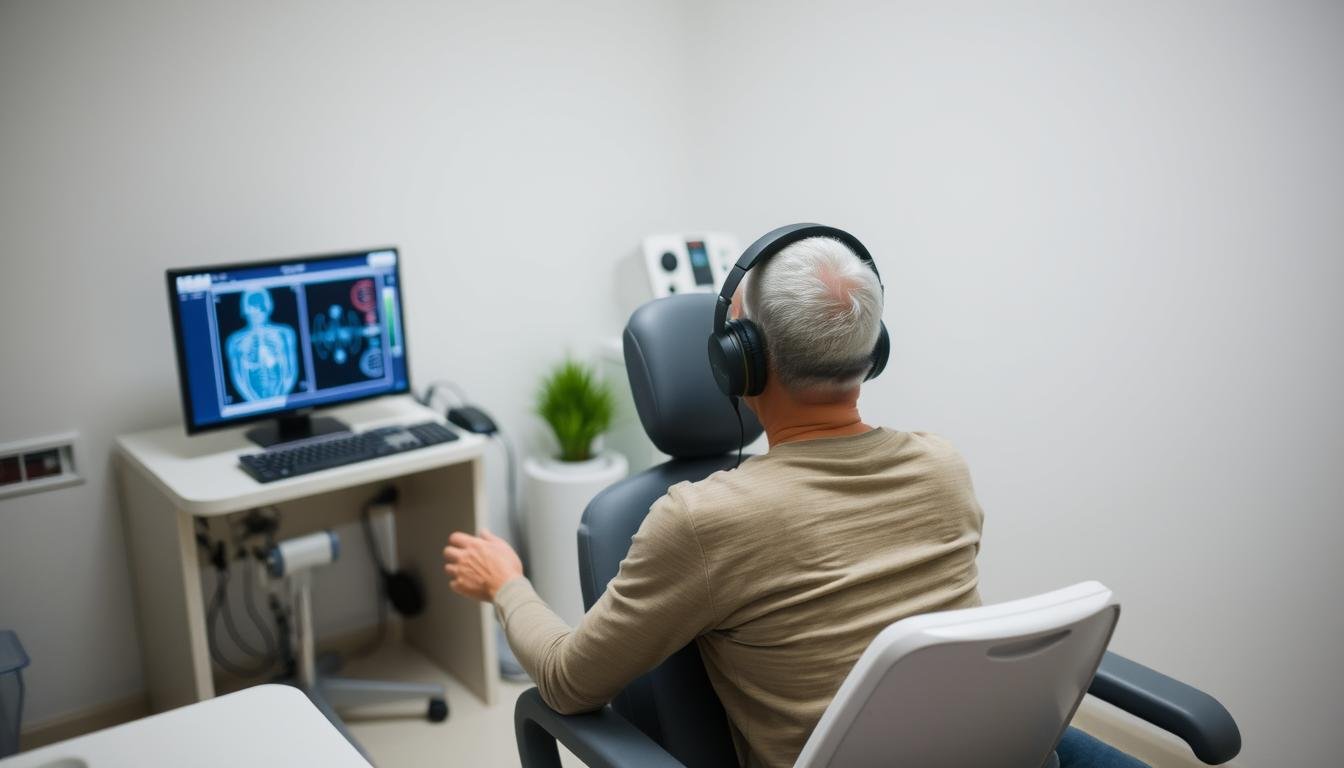 Pacjent podczas badania Biorezonans NLS z elektrodami podłączonymi do urządzenia Pacjent podczas badania Biorezonans NLS z elektrodami podłączonymi do urządzenia