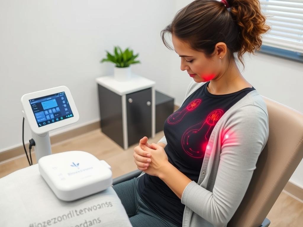 Pacjent podczas sesji biorezonansu NLS z elektrodami w dłoniach i terapeutą obsługującym urządzenie Pacjent podczas sesji biorezonansu NLS z elektrodami w dłoniach i terapeutą obsługującym urządzenie