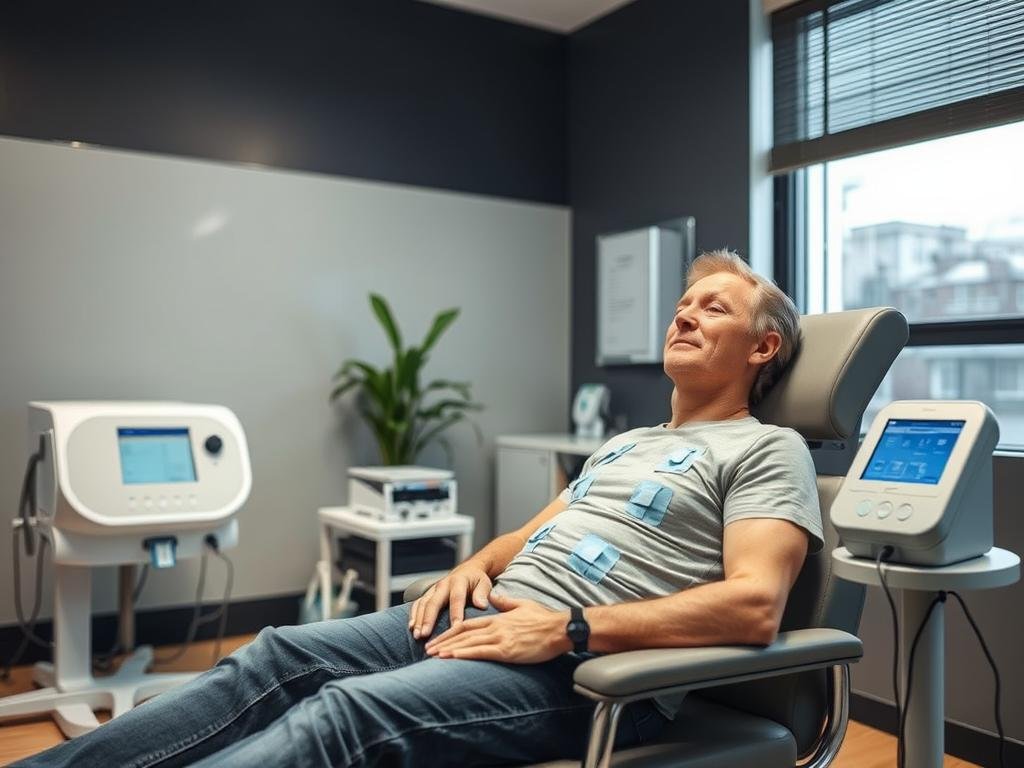 Pacjent podczas sesji biorezonansu z elektrodami na ciele Pacjent podczas sesji biorezonansu z elektrodami na ciele