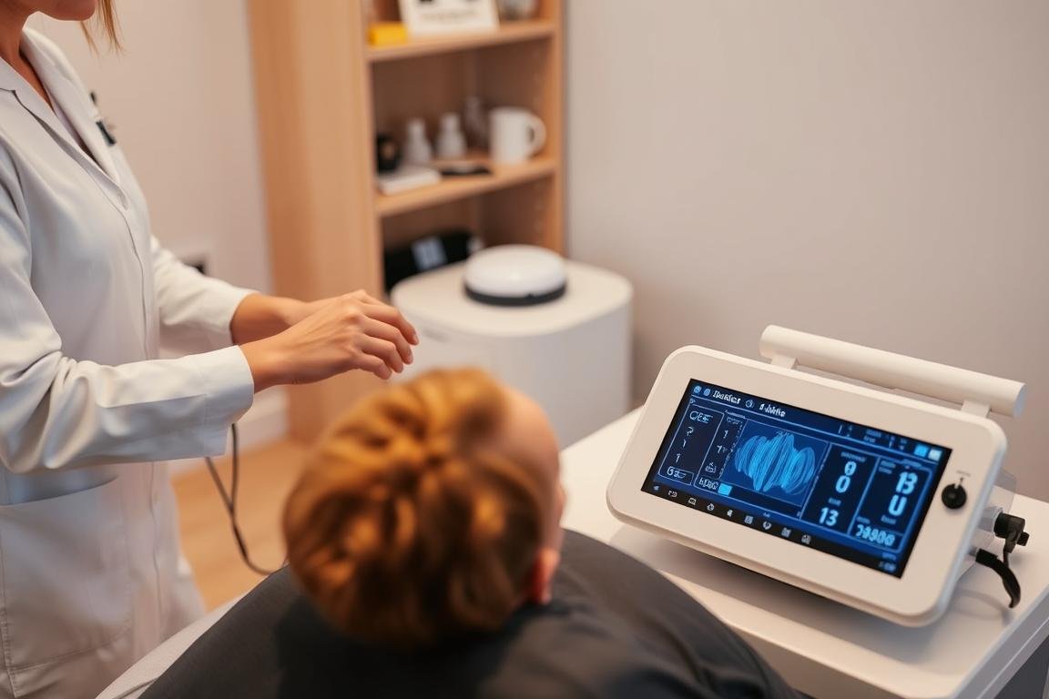 Pacjent podczas sesji terapeutycznej Biorezonansem NLS Pacjent podczas sesji terapeutycznej Biorezonansem NLS
