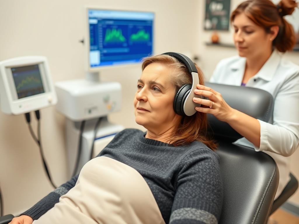Pacjent podczas sesji terapii Biorezonans NLS na migrenę Pacjent podczas sesji terapii Biorezonans NLS na migrenę