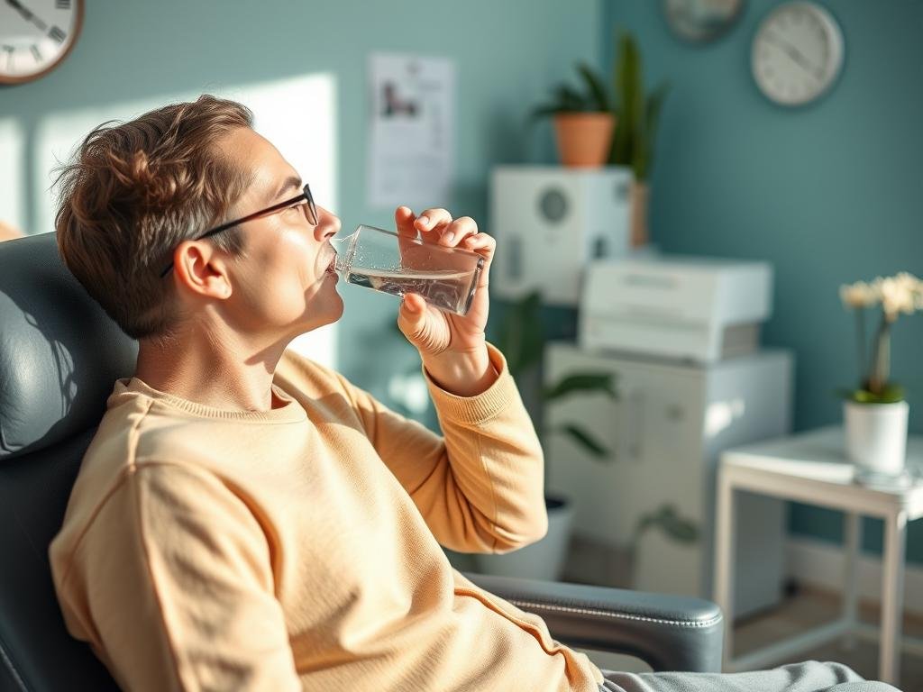 Pacjent przygotowujący się do badania Biorezonans NLS, pijący wodę przed testem