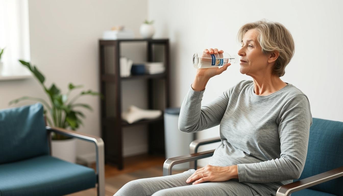Pacjent przygotowujący się do sesji biorezonansu NLS, pijący wodę i w wygodnym ubraniu Pacjent przygotowujący się do sesji biorezonansu NLS, pijący wodę i w wygodnym ubraniu