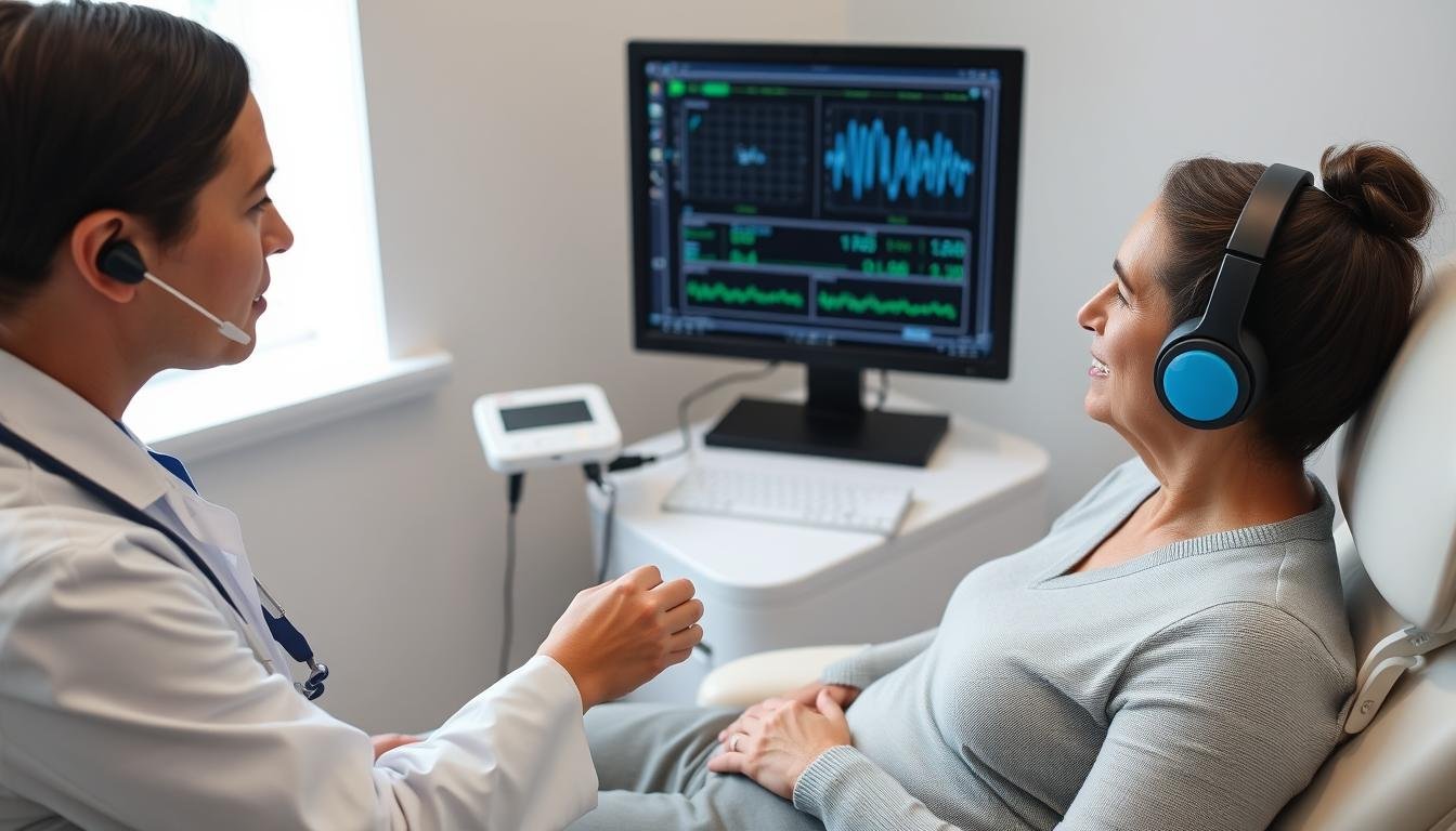 Proces badania Biorezonans NLS - pacjent siedzący z elektrodami podłączonymi do urządzenia