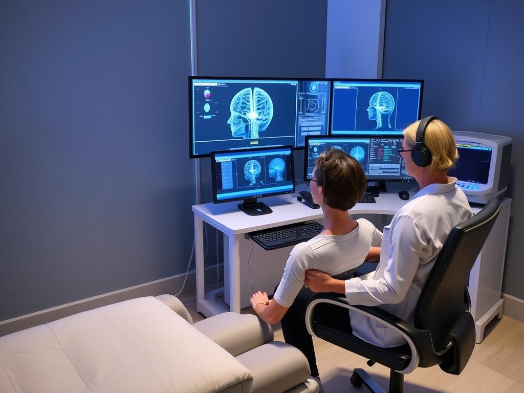 Przebieg badania Biorezonansem NLS - pacjent z elektrodami podczas diagnostyki