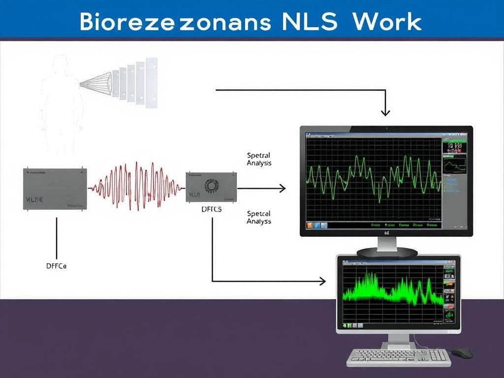 Schemat działania systemu Biorezonans NLS pokazujący analizę częstotliwości Schemat działania systemu Biorezonans NLS pokazujący analizę częstotliwości