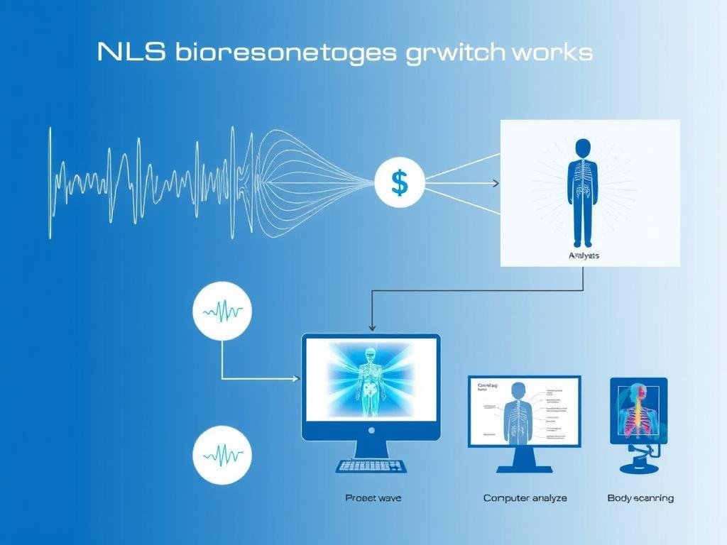 Schemat działania technologii Biorezonans NLS pokazujący przepływ sygnałów elektromagnetycznych Schemat działania technologii Biorezonans NLS pokazujący przepływ sygnałów elektromagnetycznych