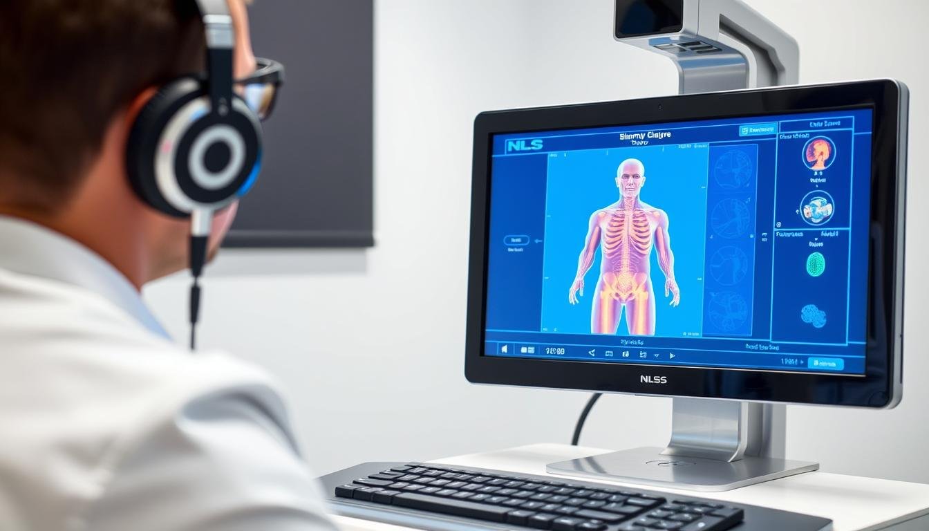 Różnice między Biorezonansem NLS a klasycznym biorezonansem 1 Urządzenie do Biorezonansu NLS z elektrodami i ekranem komputera pokazującym wyniki skanowania