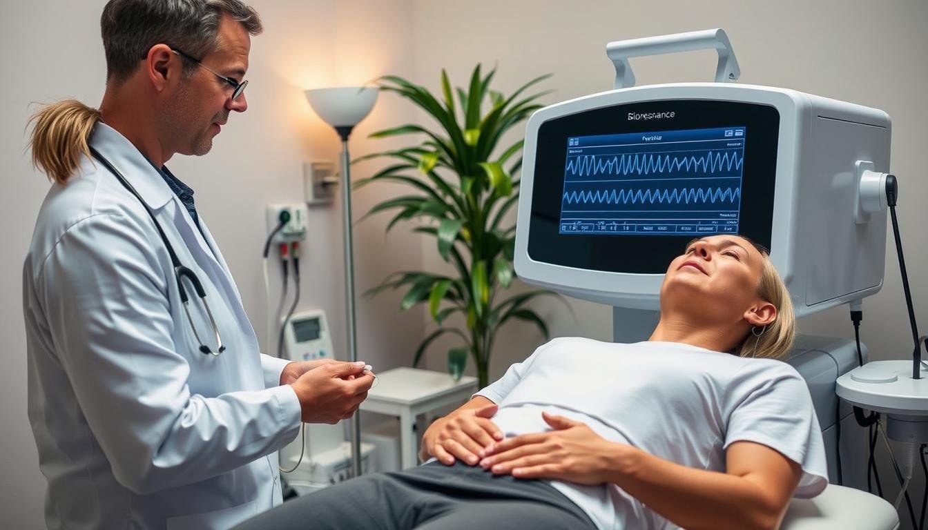 Biorezonans – Co to jest i jak działa? Kompletny przewodnik 1 Urządzenie do biorezonansu z elektrodami i pacjentem podczas sesji terapeutycznej
