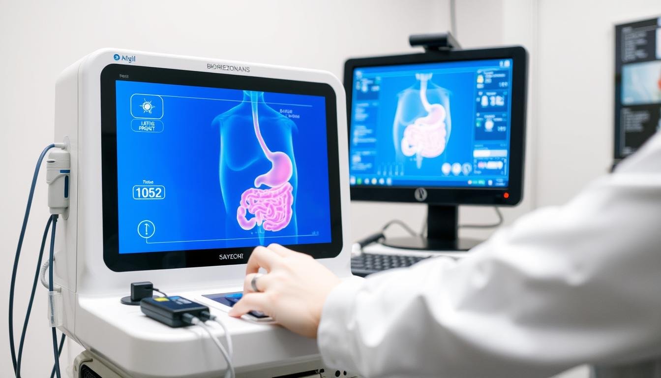 Urządzenie do diagnostyki Biorezonans NLS z elektrodami i wizualizacją układu pokarmowego na ekranie