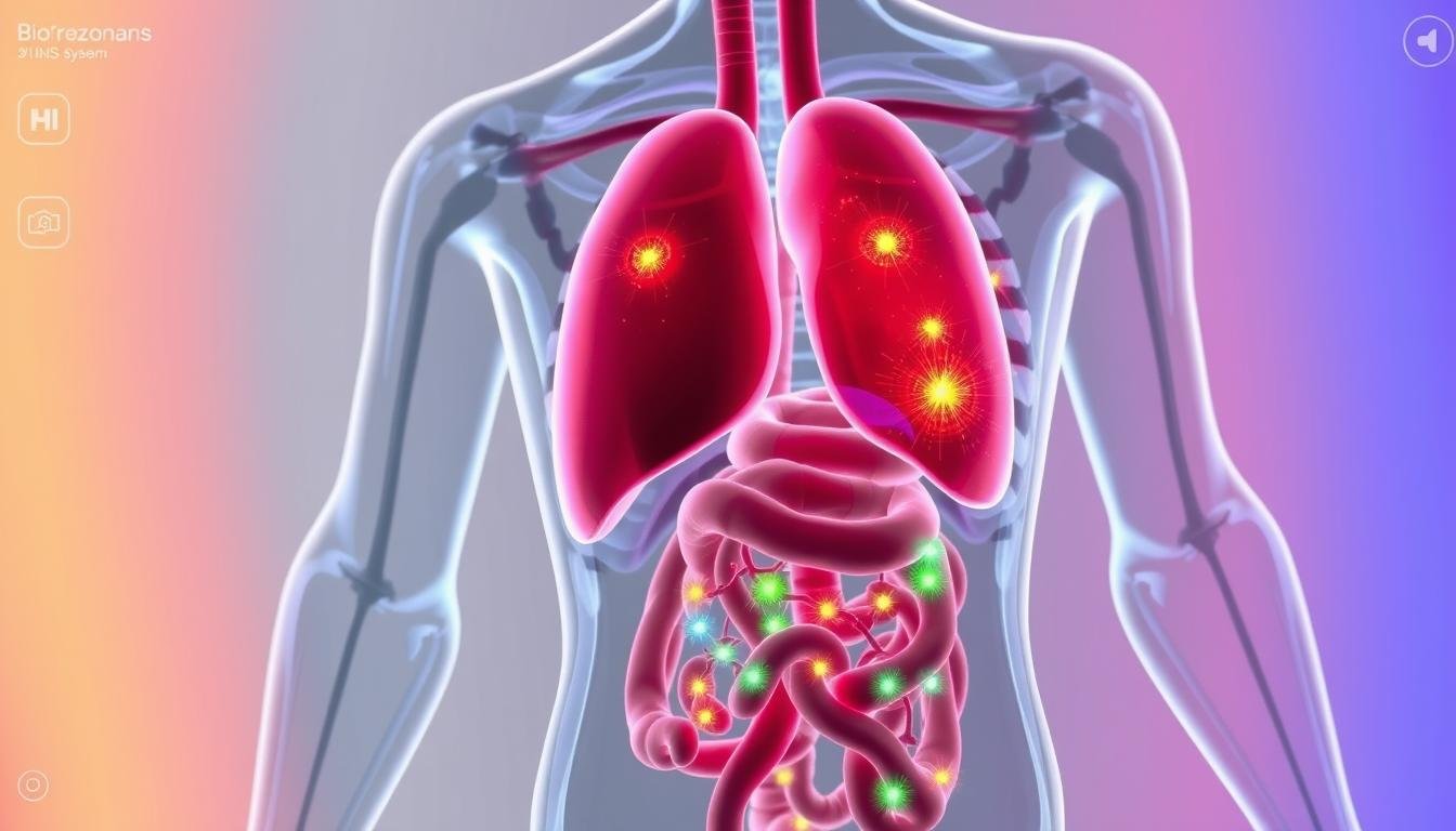 Wizualizacja analizy narządów wewnętrznych w systemie Biorezonans NLS z kolorowymi oznaczeniami stanu energetycznego