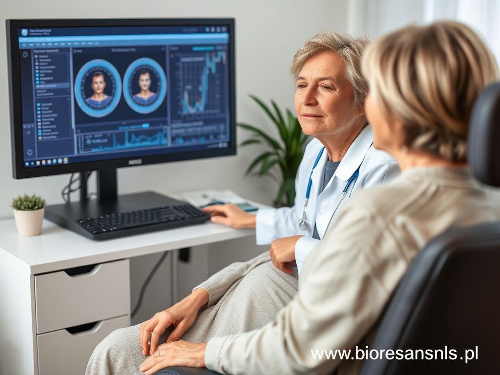 Kobieta w okresie menopauzy podczas badania Biorezonansem NLS Kobieta w okresie menopauzy podczas badania Biorezonansem NLS
