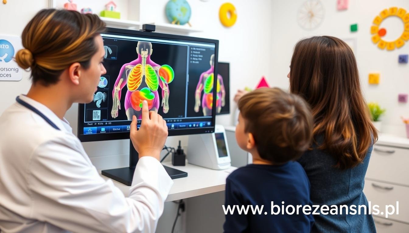 Lekarz analizujący wyniki badania Biorezonansem NLS u dziecka Lekarz analizujący wyniki badania Biorezonansem NLS u dziecka