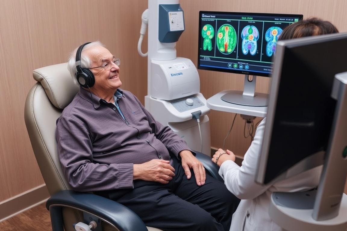 Senior podczas sesji diagnostycznej z urządzeniem Biorezonans NLS Senior podczas sesji diagnostycznej z urządzeniem Biorezonans NLS