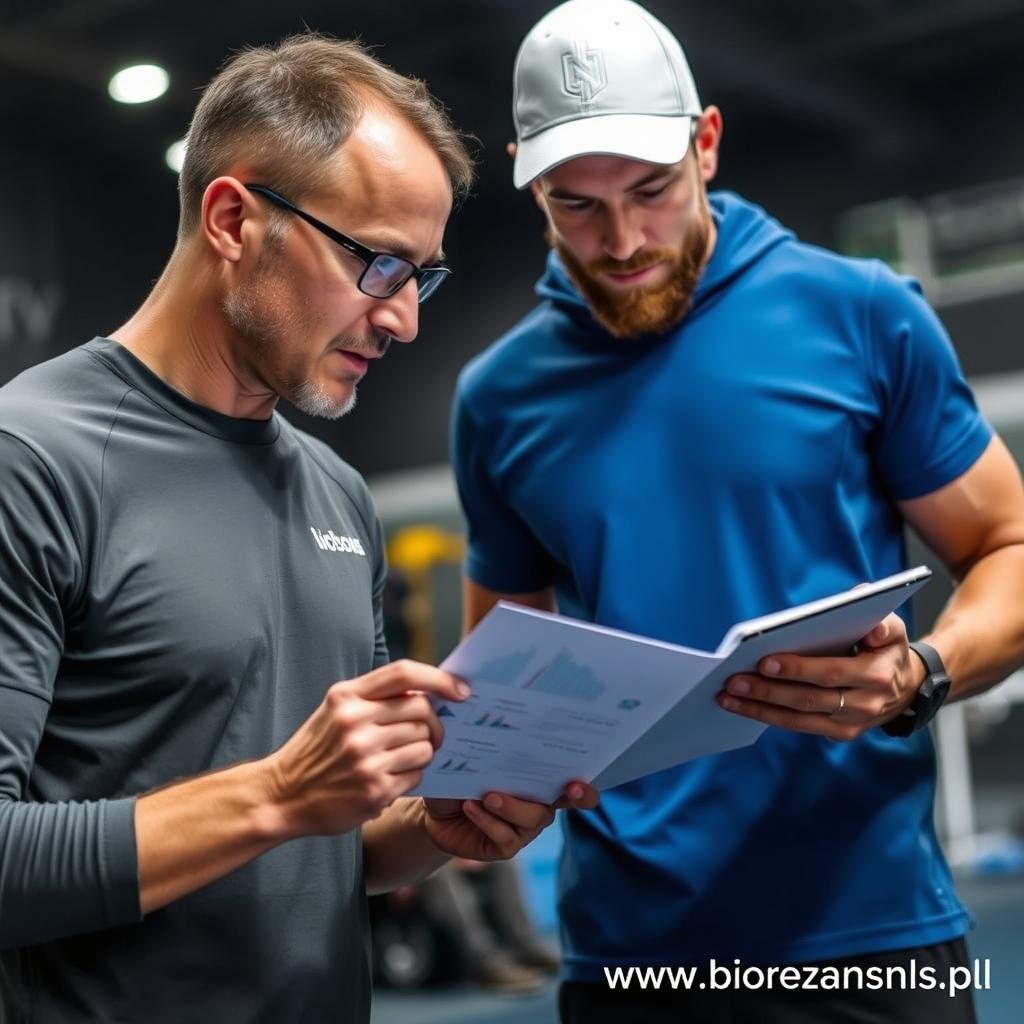 Trener analizujący wyniki Biorezonans NLS z zawodnikiem Trener analizujący wyniki Biorezonans NLS z zawodnikiem