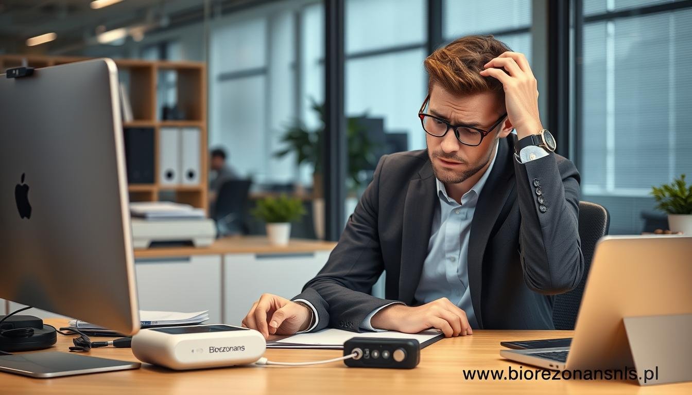 Pracownik doświadczający stresu w biurze, urządzenie Biorezonans NLS widoczne na biurku
