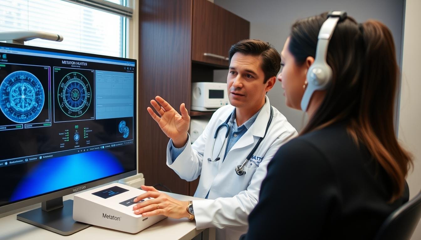 Profesional médico utilizando el software Metatron Hunter 4025 con un paciente