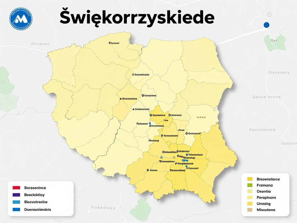 Mapa regionu świętokrzyskiego z zaznaczonymi punktami dystrybucji technologii biorezonansu