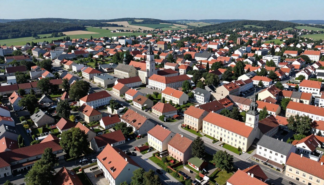Panorama miasta Myślenice z zaznaczonymi punktami medycznymi