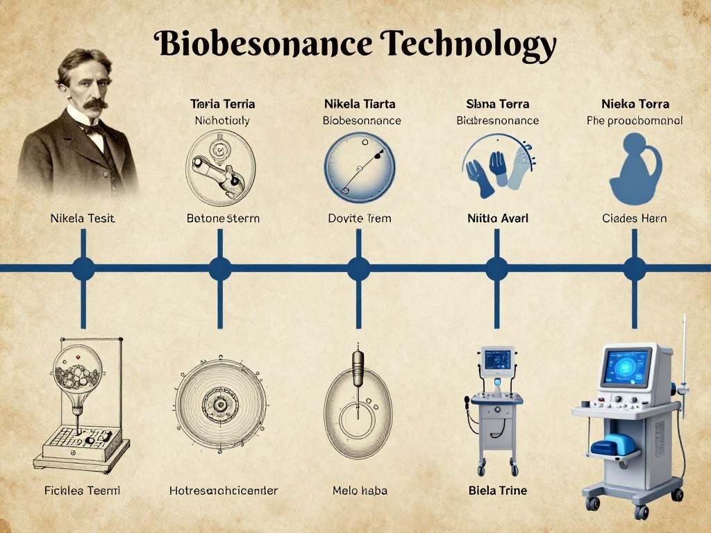 Ilustracja przedstawiająca historię rozwoju technologii biorezonansu od Tesli do współczesności